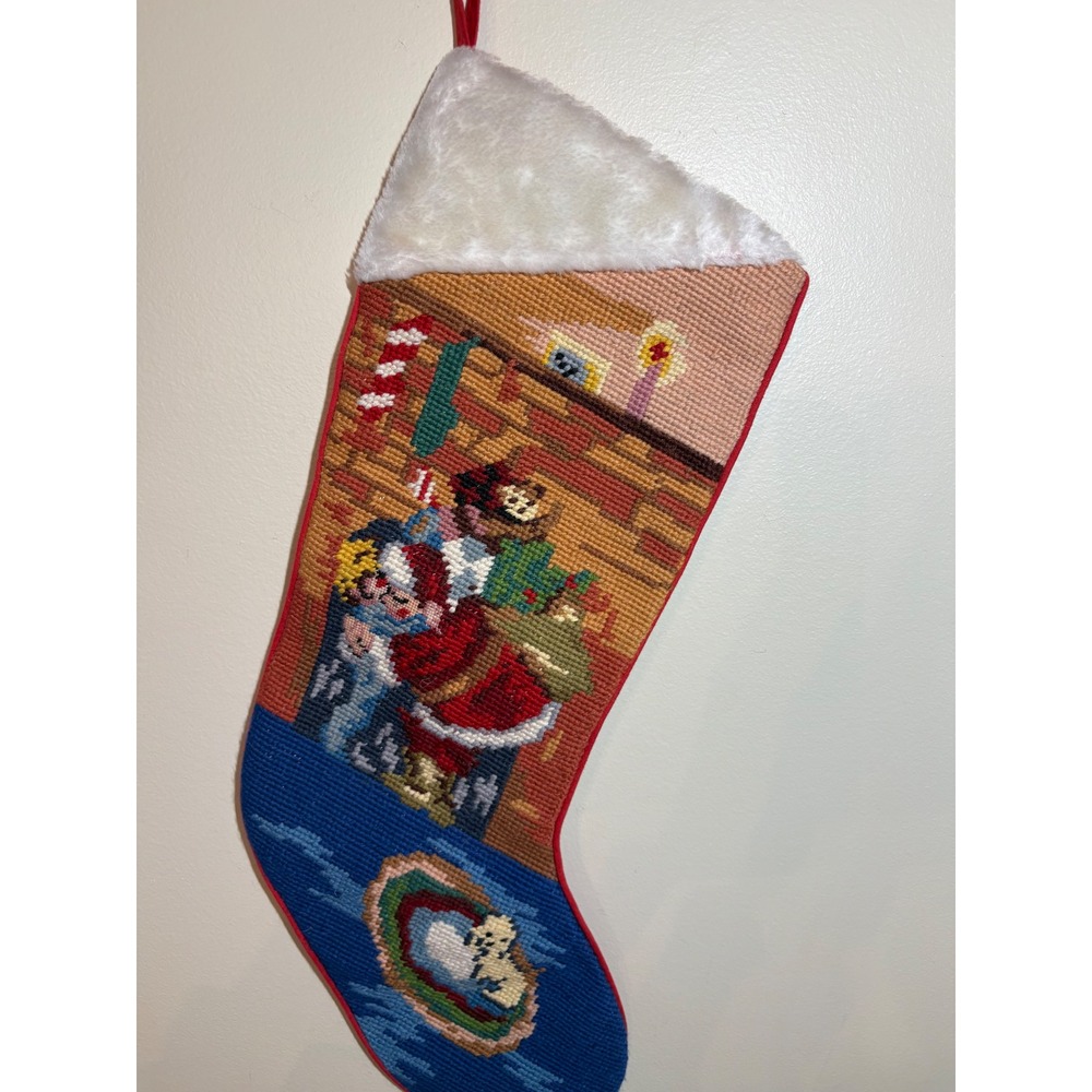 Vintage Needlepoint Christmas Stocking Santa Sleigh Polar Bear